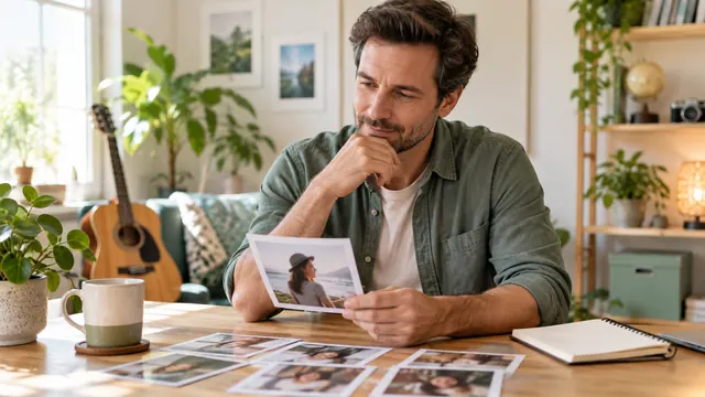 Tinder profile: a clear introduction without overpromising — Getting acquainted A man chooses a recent portrait at a desk with a guitar and a small plant behind him.