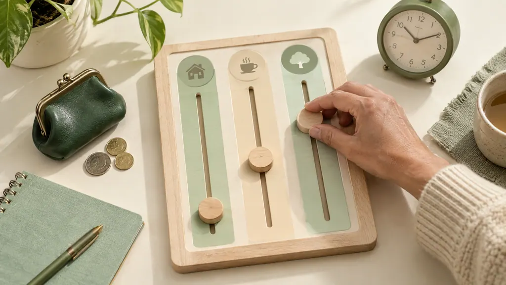 Free Tinder: basic features and questions before paid extras — An idea for a conversation A hand moves a wooden slider along a budget board with three lanes beside a purse and clock.