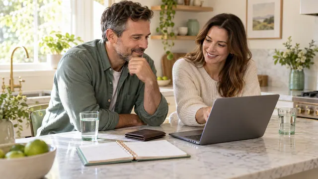 Free Tinder: basic features and questions before paid extras — Getting acquainted Two adults discuss a laptop at a kitchen counter beside a closed wallet and planner.