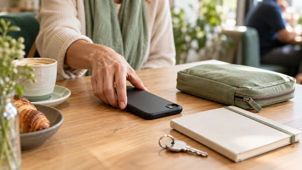 A hand places a phone face down beside a fabric pouch, pocket notebook and key.