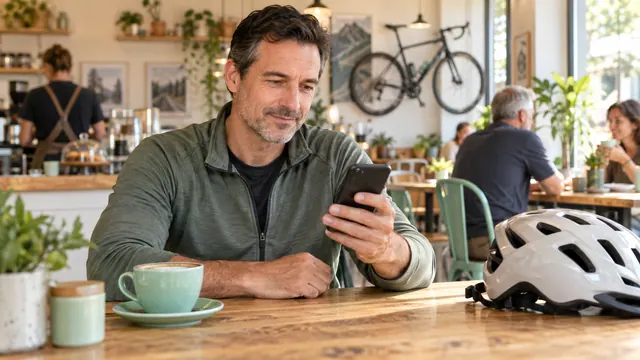 The Twinby app: official download and profile preparation — Getting acquainted A man checks his phone at a cafe table beside a cycling helmet and a mug.