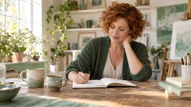 Twinby tests and compatibility: understand the result — Getting acquainted A woman writes in a notebook at an art studio table beside two differently shaped ceramic mugs.