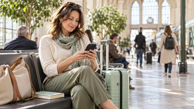 Badoo official website and app: check access in your region — Getting acquainted A woman checks her phone in a bright railway station beside a suitcase and book.