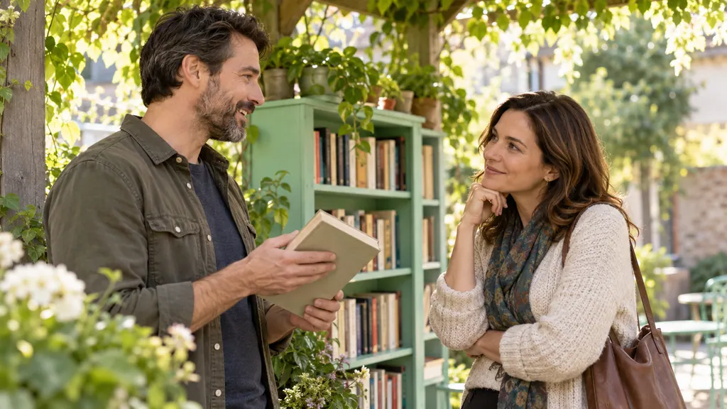 Dos adultos hablan junto a una estantería de intercambio de libros bajo una pérgola.