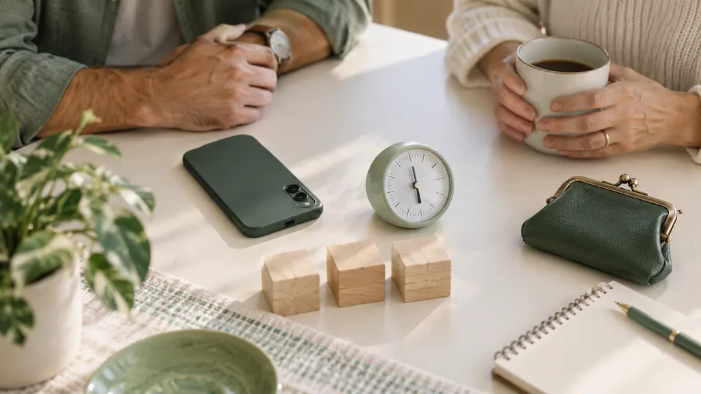 Un teléfono boca abajo, un temporizador, bloques de madera y un monedero cerrado sobre la mesa.