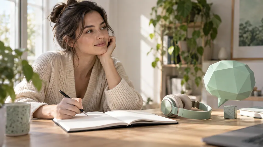 Un cuaderno, auriculares y un símbolo abstracto de conversación