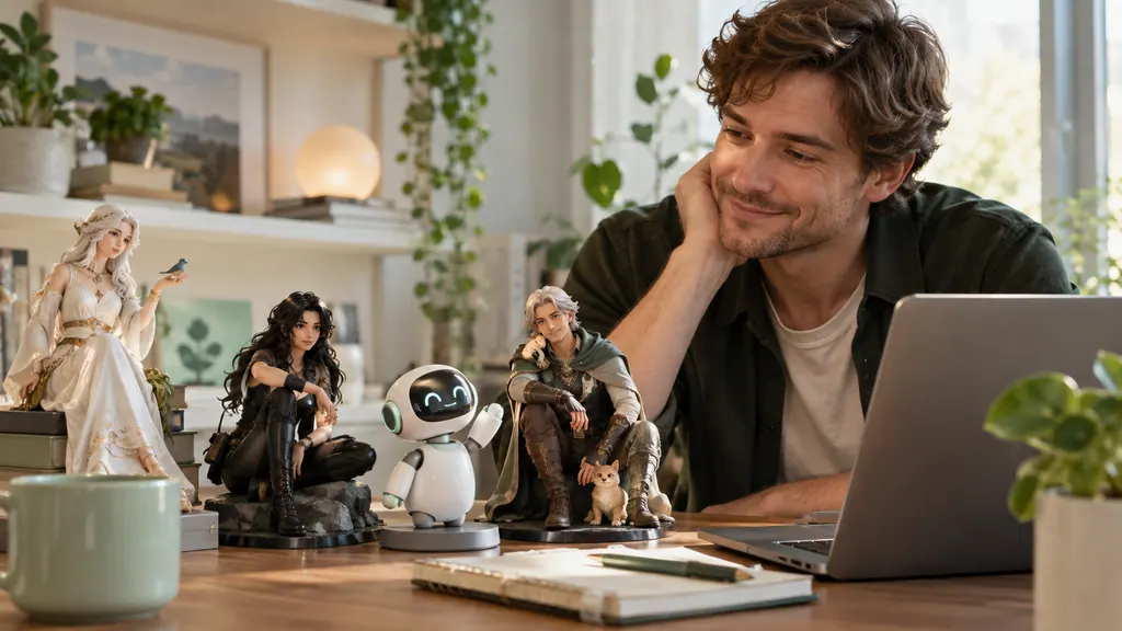 Chatting with AI characters — An idea for a conversation Figures of fictional characters beside a laptop
