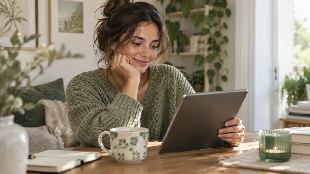 Una persona revisa una conversación en una tableta mientras toma té