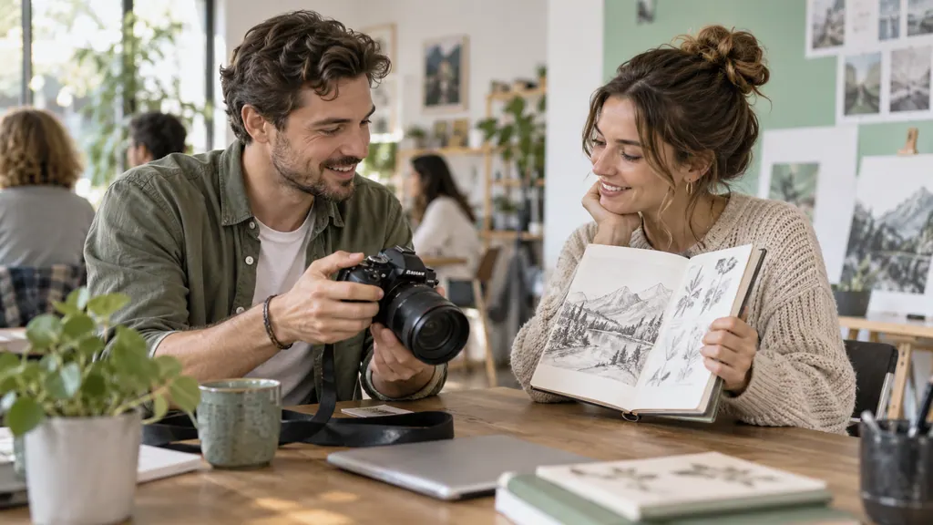 Discussing photography and drawings while getting acquainted