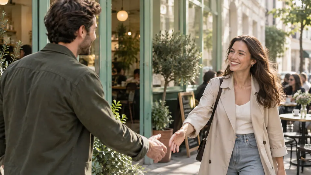 Two people who met through messaging greeting each other outside a café