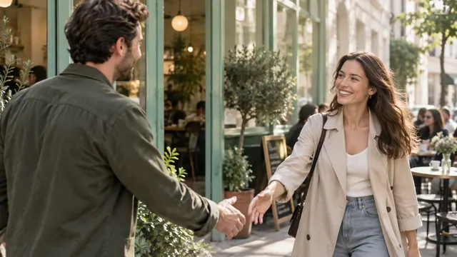 How to move from chatting to meeting — Getting acquainted Two people who met through messaging greeting each other outside a café