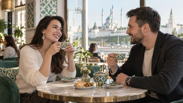 Dating in Kazan — Getting acquainted Getting acquainted in a bright café with geometric décor
