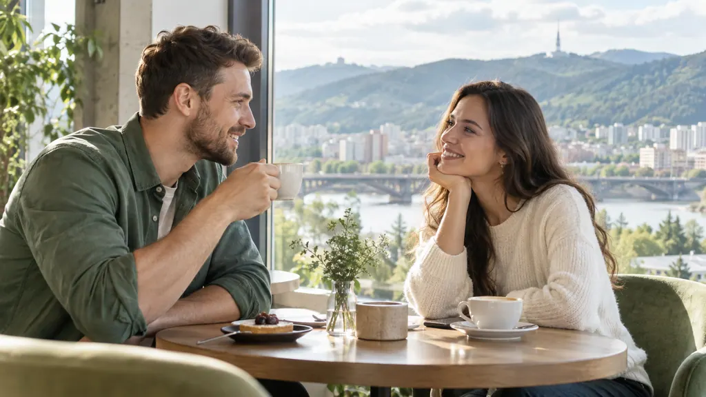 Conversación en una cafetería con colinas boscosas a lo lejos