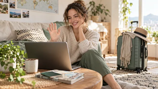 Long-distance dating — Getting acquainted Talking on a video call with a travel bag nearby