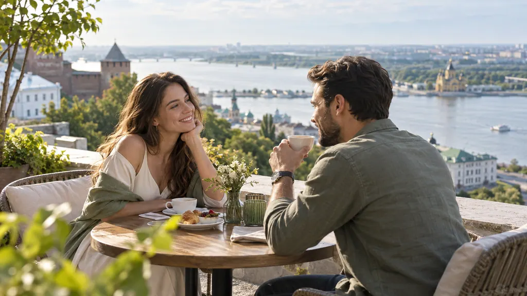 Dating in Nizhny Novgorod — Getting acquainted Conversation in a café with a broad river view