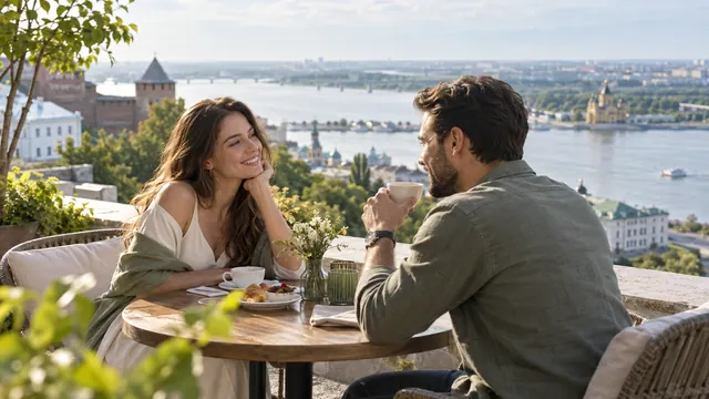 Dating in Nizhny Novgorod — Getting acquainted Conversation in a café with a broad river view