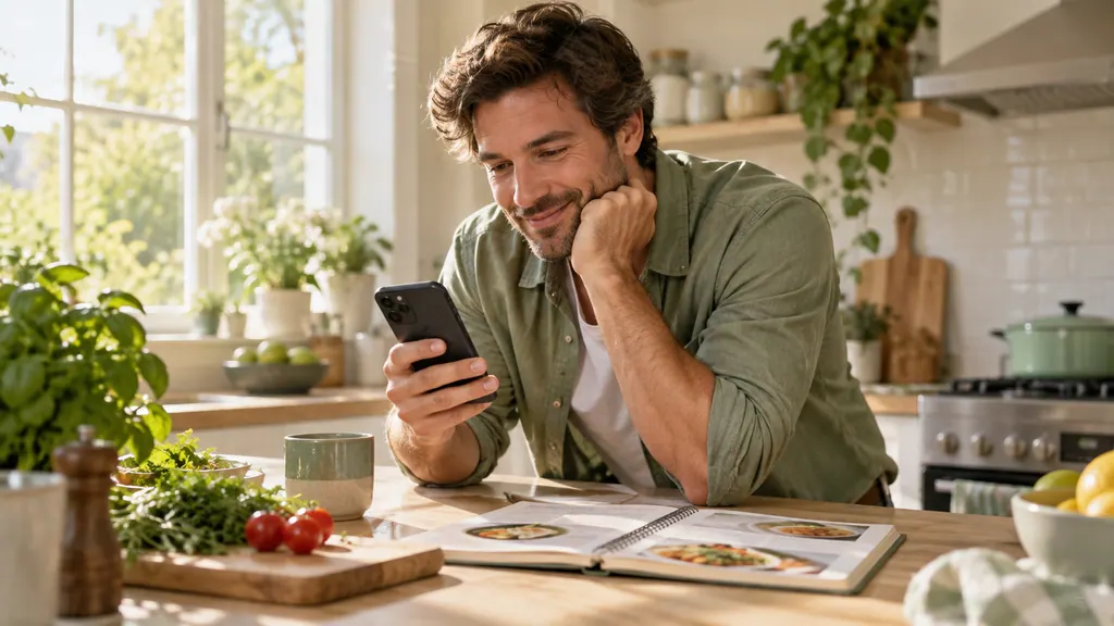 A message on a phone in a bright kitchen