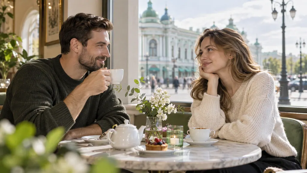 Tea in a café with a classical façade outside the window