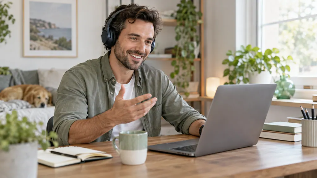 Talking with headphones on at a laptop