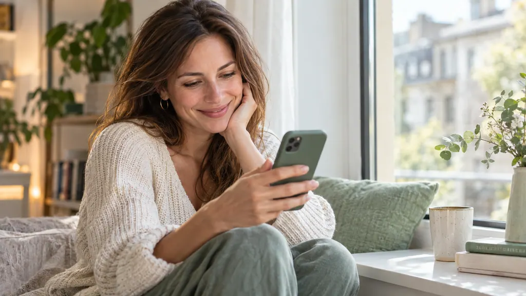 Una sonrisa al leer un mensaje junto a una ventana