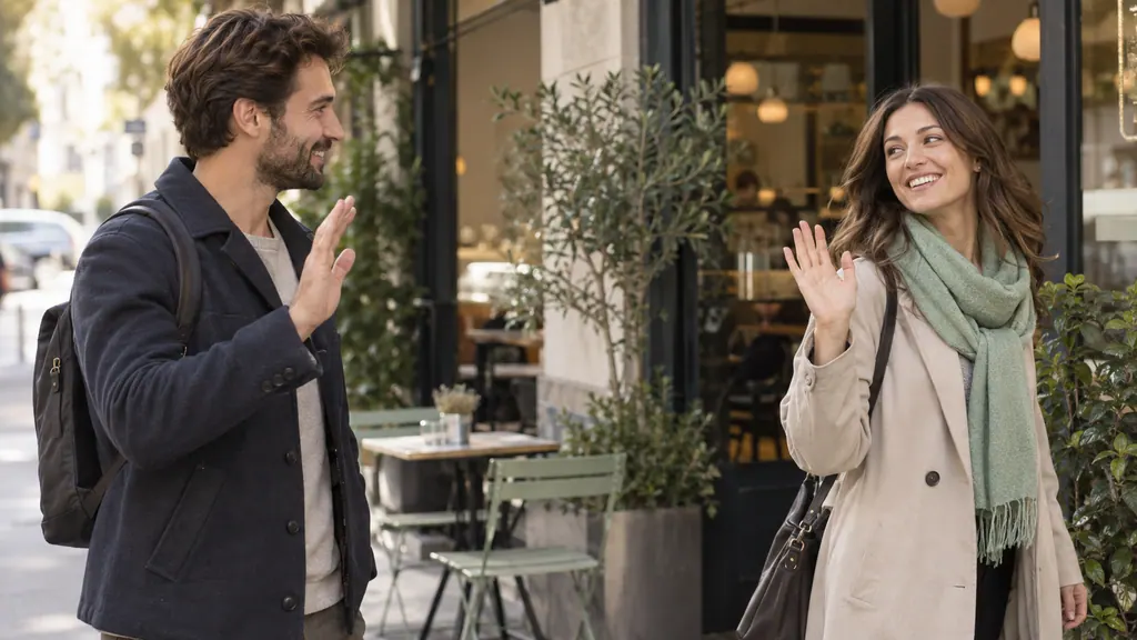 A friendly goodbye outside a café