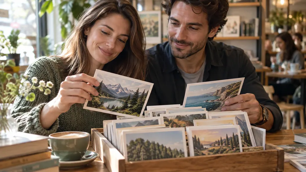 Conversation partners choosing landscape cards at a table