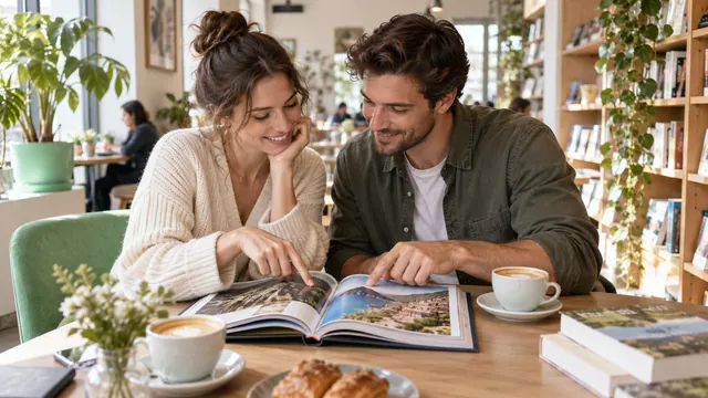 Dating through shared interests — Getting acquainted Two people looking at a travel book in a café