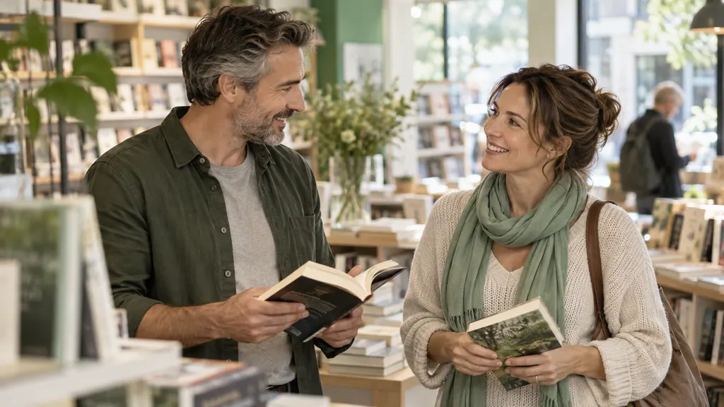 Adultos conversan en una librería