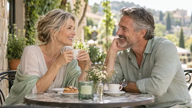 Dos personas sonríen junto a una mesa de café al aire libre