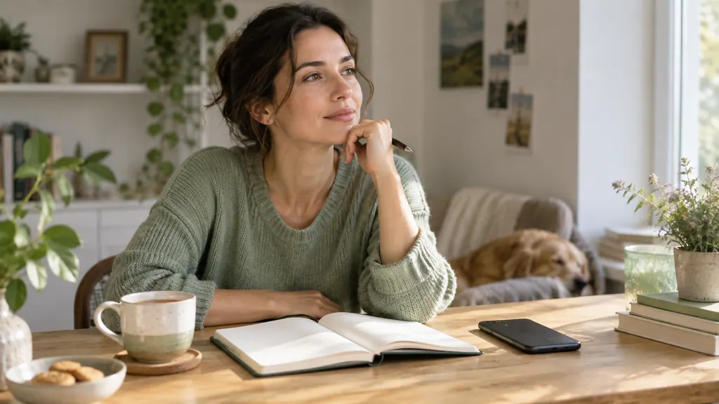Teléfono, té y cuaderno durante una pausa tranquila