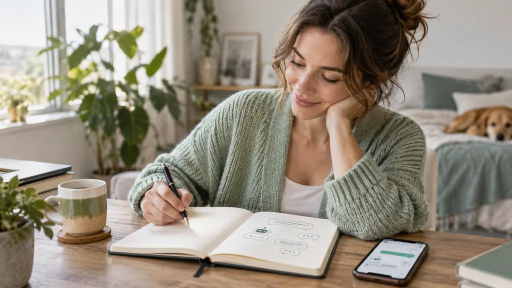 Reviewing a practice conversation in a notebook