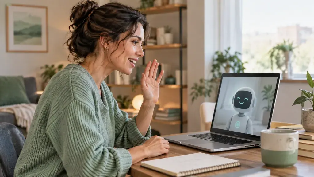 Rehearsing a greeting in front of a laptop