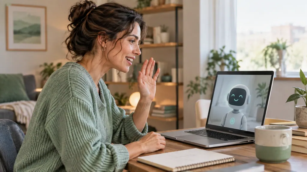 Rehearsing a greeting in front of a laptop