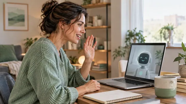 Practising conversation with AI — Getting acquainted Rehearsing a greeting in front of a laptop