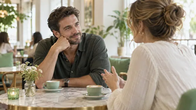 Meeting men — Getting acquainted A conversation partner listening attentively at a table