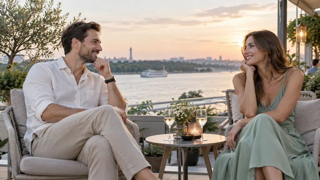 Conversación desde sillones individuales en una terraza junto al río