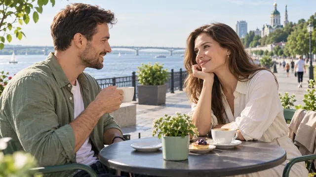 Dating in Saratov — Getting acquainted Coffee beside a city riverside promenade