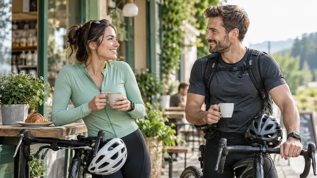 Stopping with bicycles beside a café