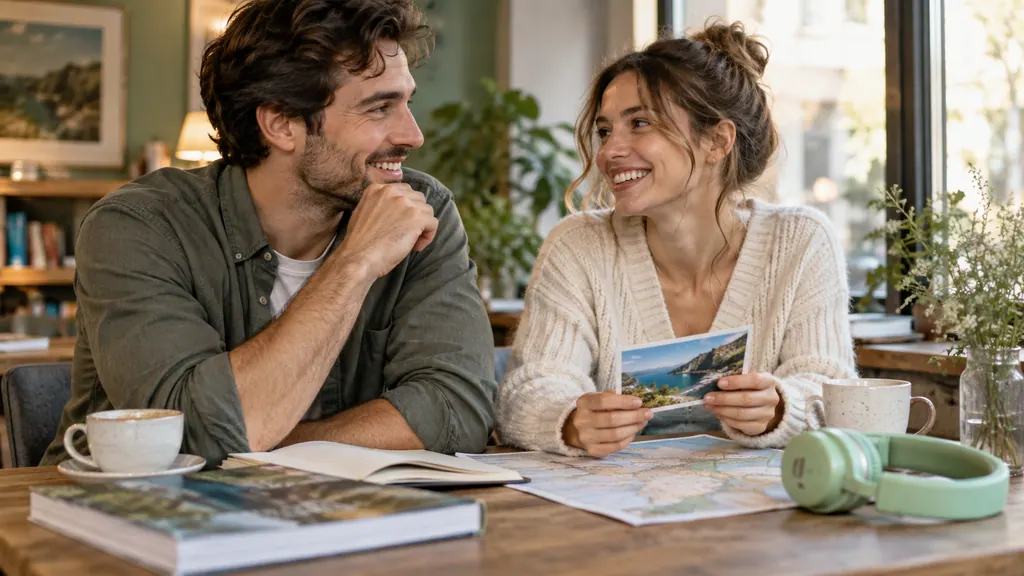 Un libro, una postal y unos auriculares como temas de conversación