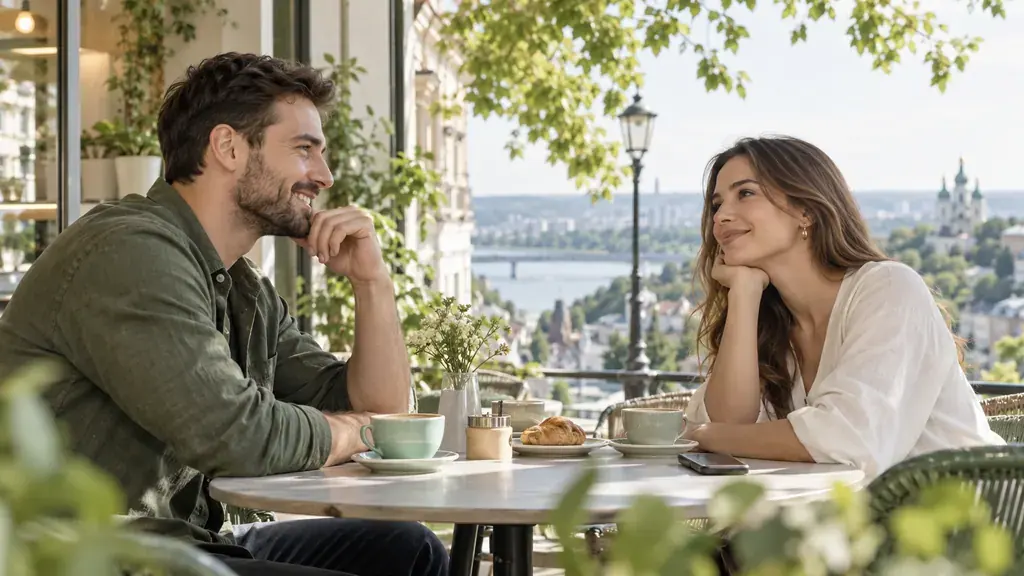Dating in Ufa — Getting acquainted Getting acquainted in a café on a green city street
