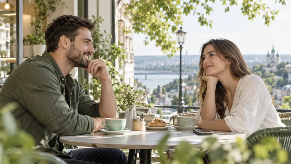 Getting acquainted in a café on a green city street