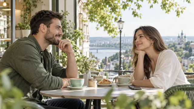 Dating in Ufa — Getting acquainted Getting acquainted in a café on a green city street