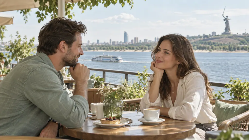 Conversation on a shaded terrace beside a wide river