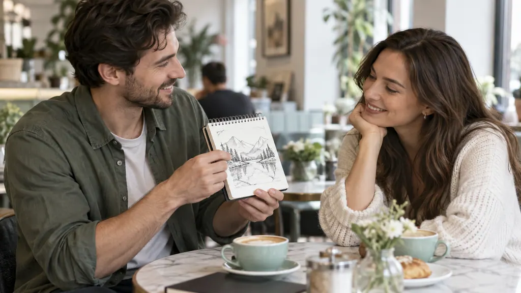 Questions to ask a man when getting acquainted — An idea for a conversation Showing drawings in a small notebook