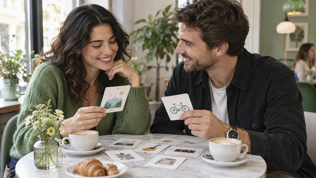 Conversation partners smiling over hobby cards