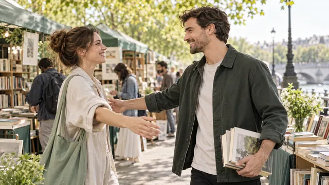 How to ask for a second date — Getting acquainted Greeting each other on a second date near a book market